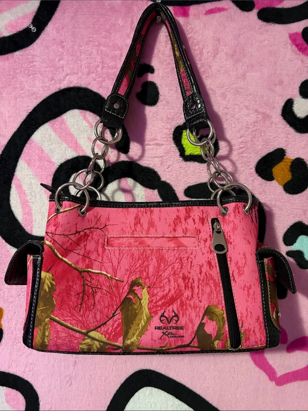 Realtree Pink Fleur-de-Lis Rhinestone Shoulder Bag with Black Trim